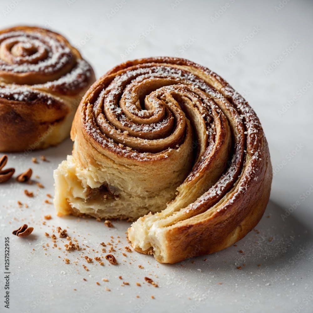 Fototapeta premium A sliced cinnamon roll showing its rich filling, placed on a clean white surface.
