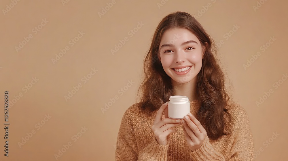 Isolated on a beige backdrop, a picture of a contented woman holding a moisturizing face cream template jar of skincare cosmetics promotes the option for skin peeling. Isolated on a beige backdrop, a picture of a contented woman holding a moisturizing face cream template jar of skincare cosmetics promotes the option for skin peeling.