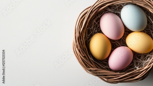 Pastel Easter eggs in woven basket, white background, spring holiday