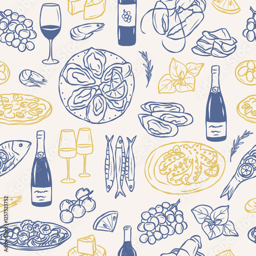 Line art seafood and wine background 