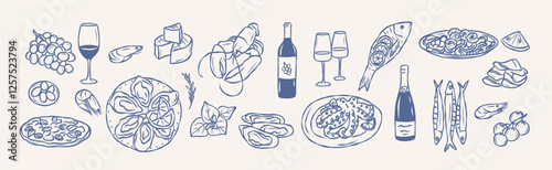 Line art seafood and wine collection