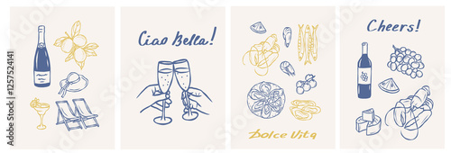Hand drawn whimsical wine and seafood cards