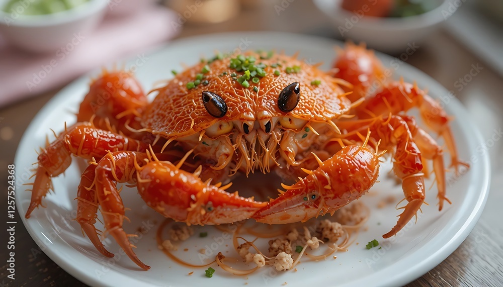 Delicious Steamed Spicy Red Crab Dish on White Plate, Close-up View Delicious Steamed Spicy Red Crab Dish on White Plate, Close-up View