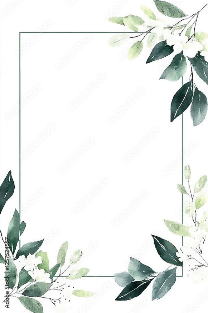 Naklejka premium Watercolor Floral Frame Greenery White Flowers Border