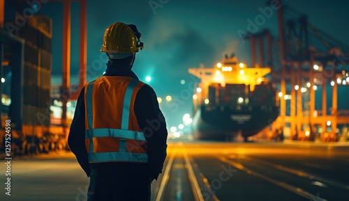 Wallpaper Mural Night Shift at the Port: A lone worker surveys a cargo ship under the glow of port lights. Torontodigital.ca
