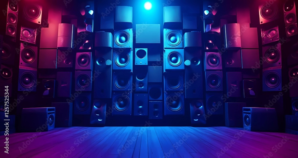 A wall of speakers, a sound system background with numerous sound boxes, a wall of subwoofers and bass speakers on the floor, a nightclub scene A wall of speakers, a sound system background with numerous sound boxes, a wall of subwoofers and bass speakers on the floor, a nightclub scene