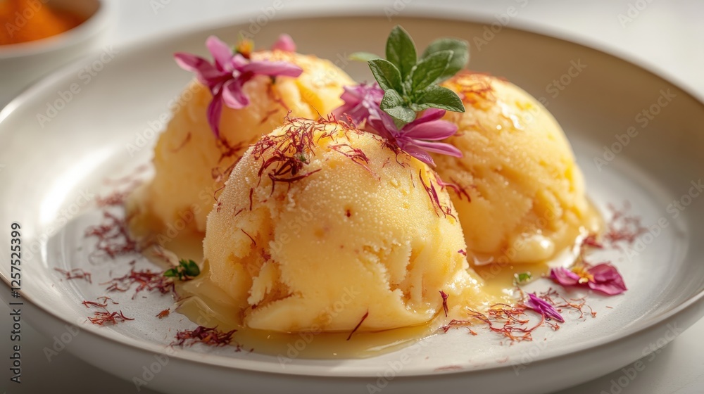 Delicious saffron ice cream served with edible flowers on a white plate Delicious saffron ice cream served with edible flowers on a white plate