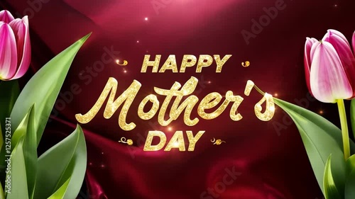 Text HAPPY MOTHER'S DAY on red background, tulips flowers