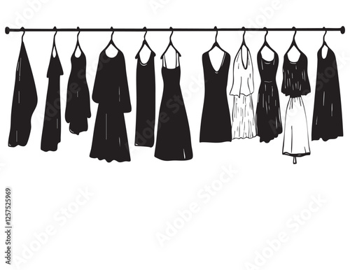 Hand drawn wardrobe sketch. Clothes, dress on the hangers