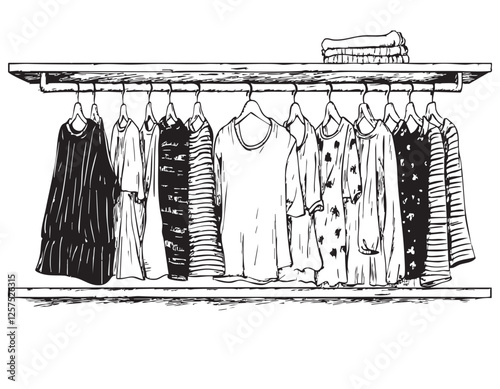 Hand drawn wardrobe sketch. Clothes on the hangers.