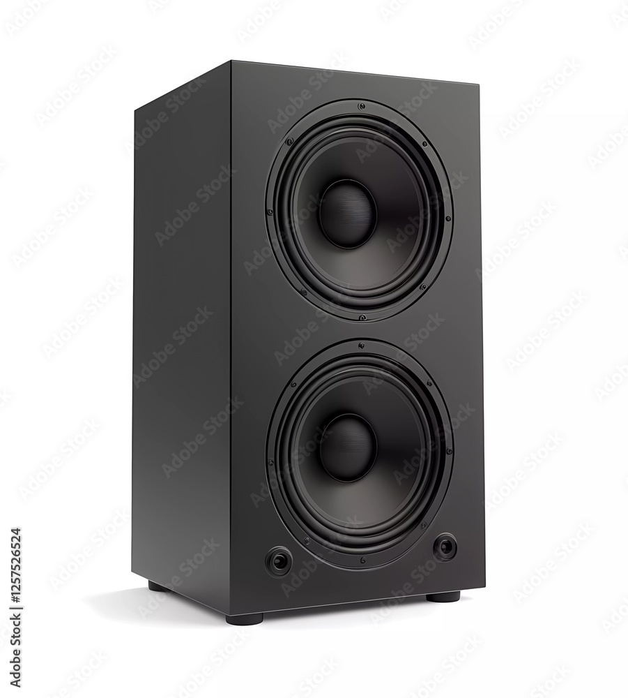Black speaker with two built-in subwoofers on a white background Black speaker with two built-in subwoofers on a white background