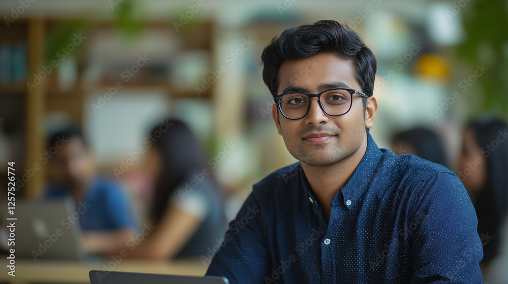 Obraz premium Focused Young Man in Blue Shirt Working on Laptop – Modern Office Environment with Professionals – Serious & Productive Business Atmosphere in a Collaborative Workspace with Large Windows