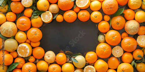 Draufsicht auf einen Rahmen mit Orangen und mit Platz für Text in der Mitte - Werbeschild photo