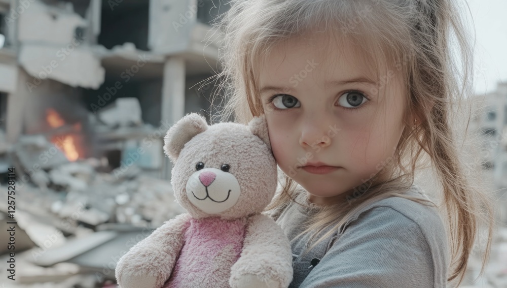 A young child stands amidst the devastation of urban ruins, clutching a teddy bear. Her gaze reflects a mixture of hope and resilience in the face of trauma following the crisis A young child stands amidst the devastation of urban ruins, clutching a teddy bear. Her gaze reflects a mixture of hope and resilience in the face of trauma following the crisis