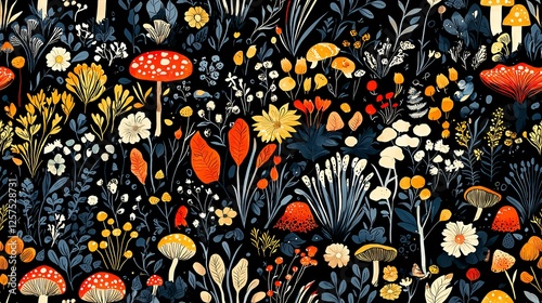 Autumnal floral and mushroom pattern, dark background, nature textile design