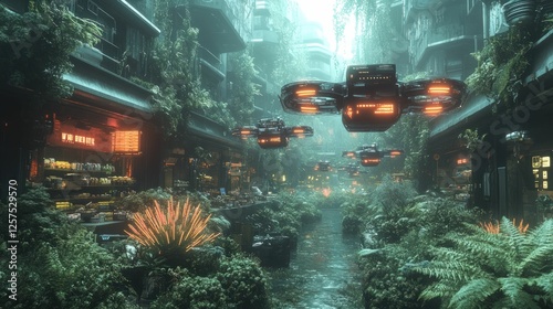 Futuristic city canal overgrown with lush vegetation, drones flying overhead.