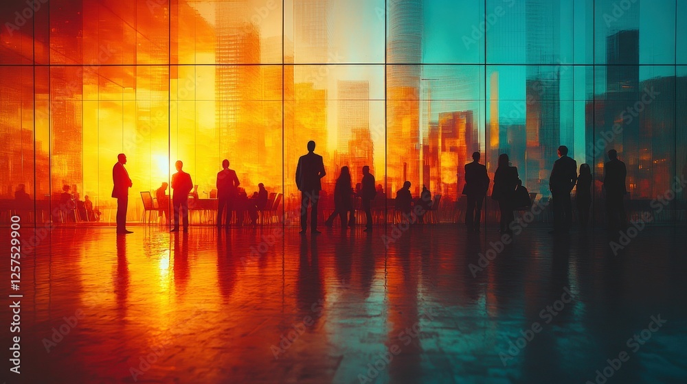 Silhouetted figures converse sunset city backdrop Silhouetted figures converse sunset city backdrop