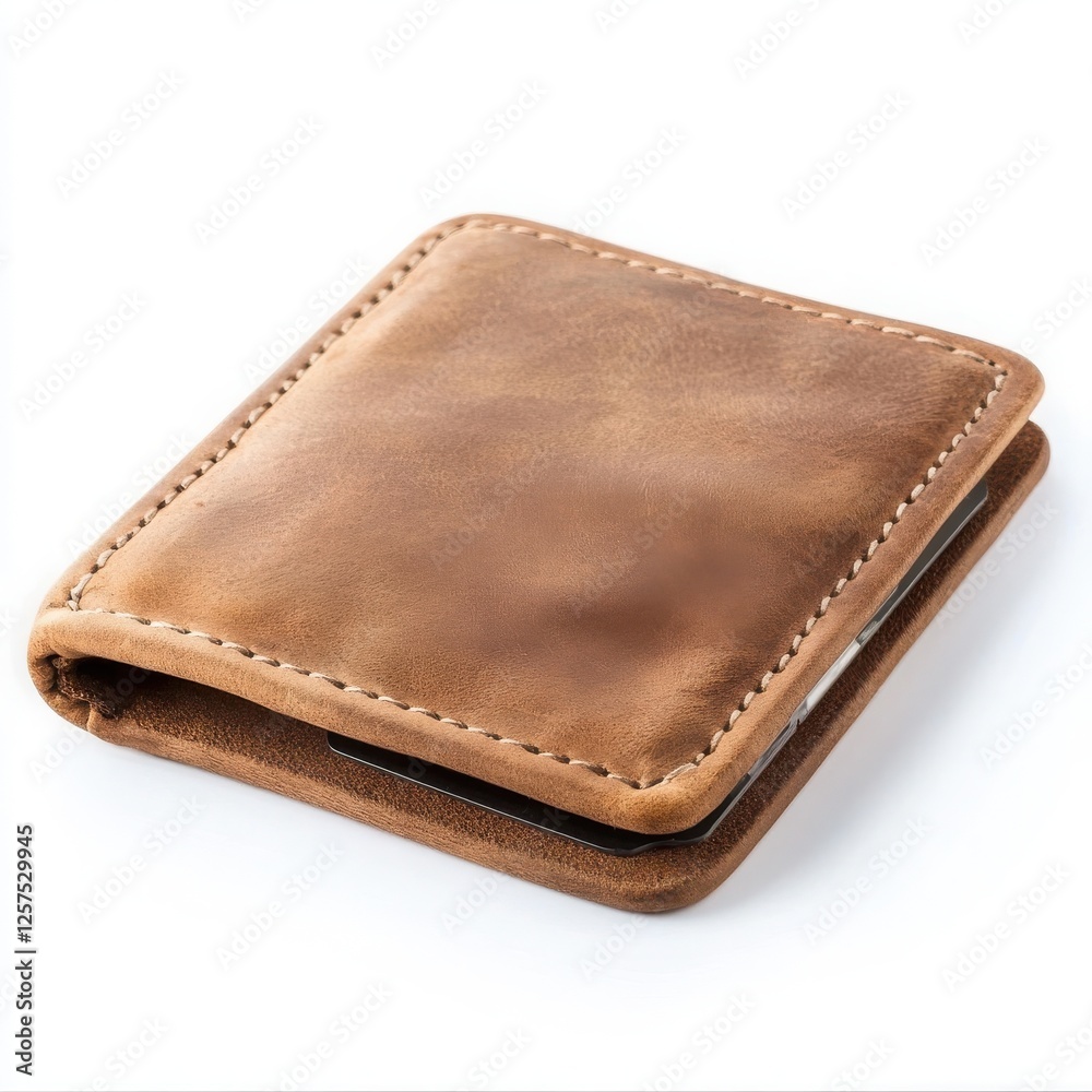 A simple, brown leather wallet with a smooth texture, featuring a folded design and subtle stitching. A simple, brown leather wallet with a smooth texture, featuring a folded design and subtle stitching.