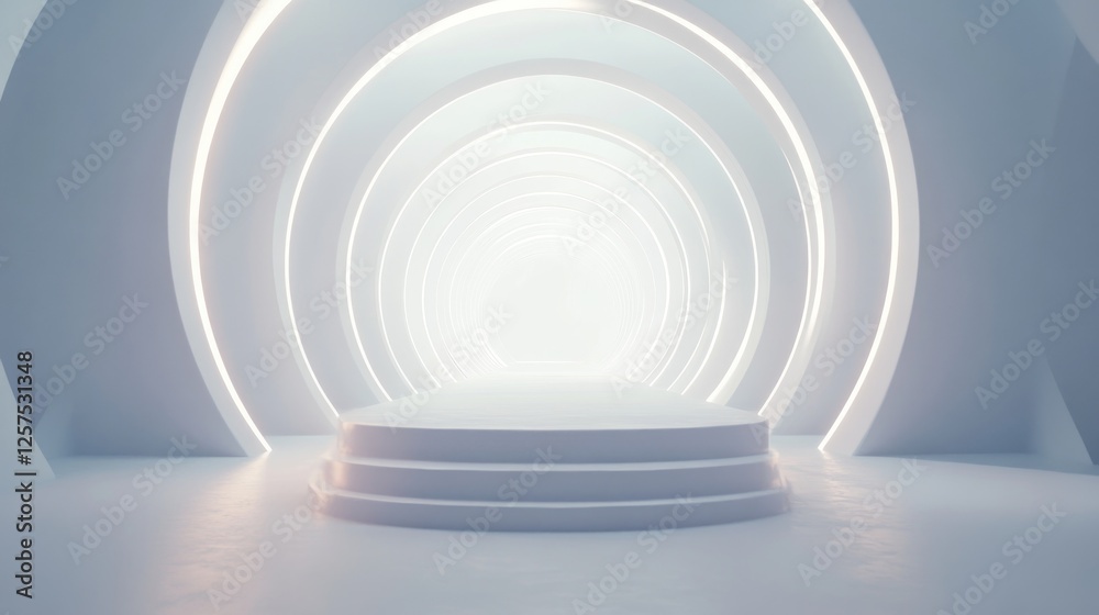 Fototapeta premium Futuristic white circular stage, glowing tunnel background; product display