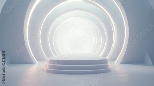 Fototapeta Naklejka Na Ścianę i Meble -  Futuristic white circular stage, glowing tunnel background; product display