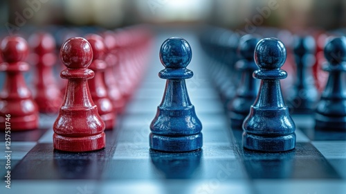 Close-up view of Stratego game pieces highlighting red and blue soldiers on board photo