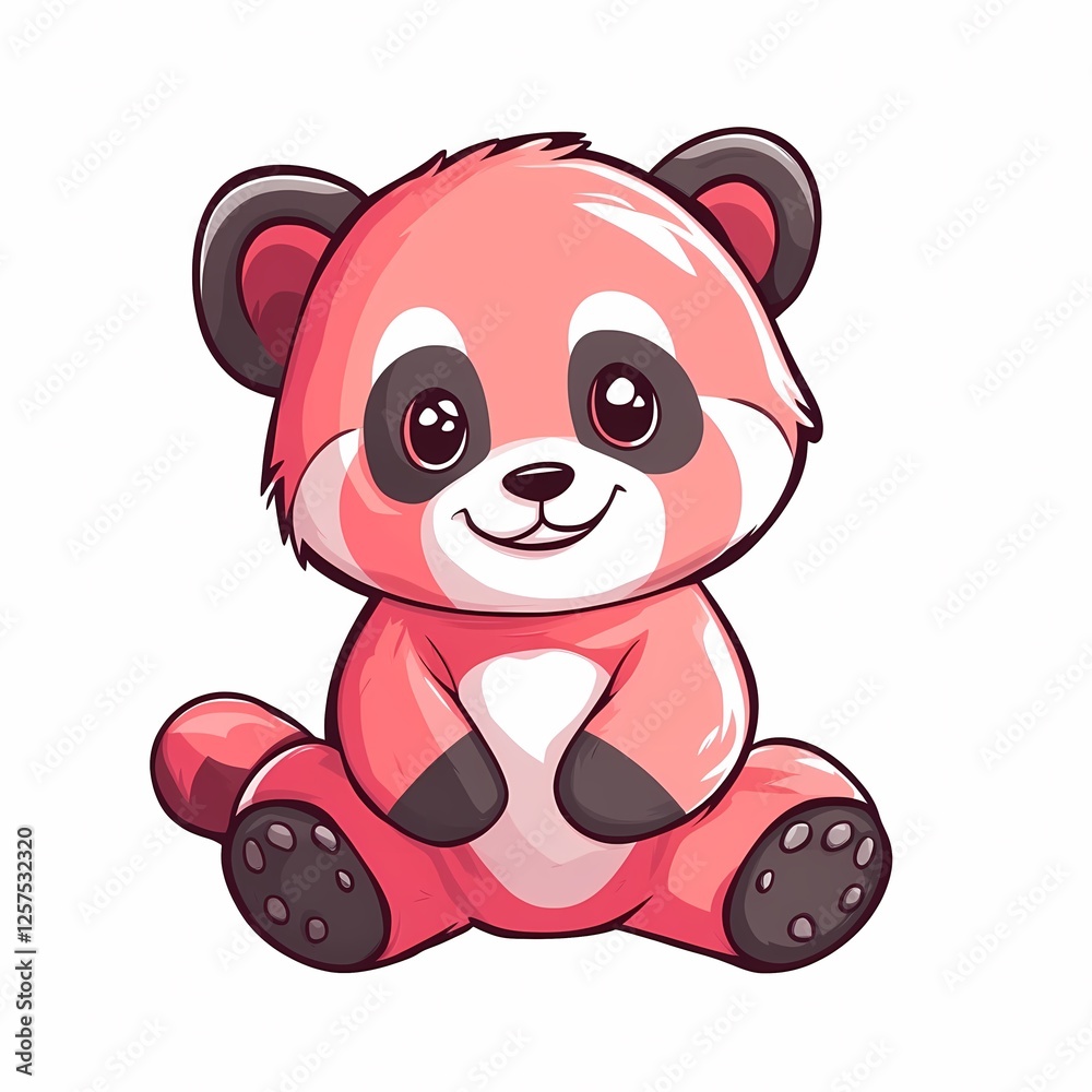 Naklejka premium Cute Coral Pink Panda Cartoon Doodle Icon on a White Background