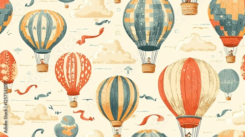 Colorful hot air balloons flying above clouds; whimsical illustration for travel, textile, or children's book