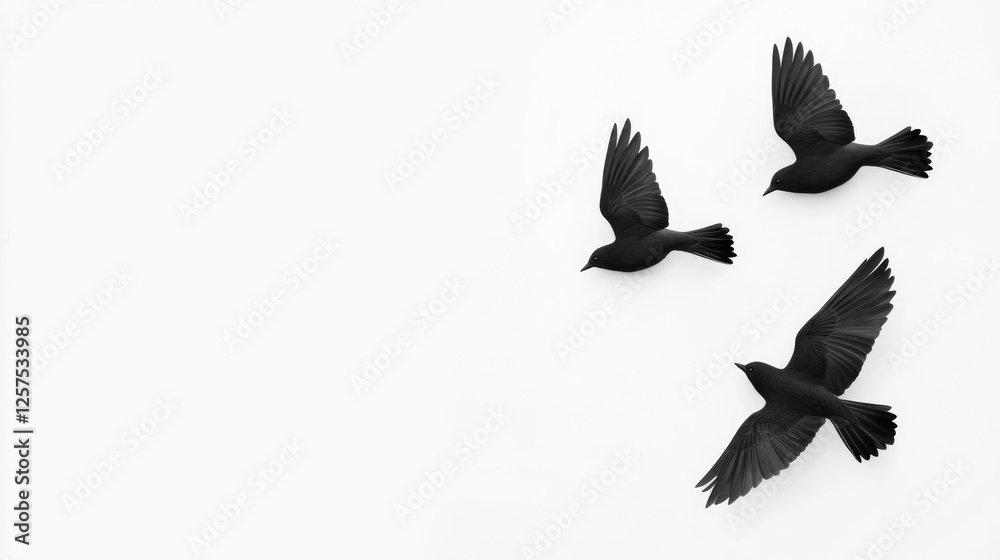 Fototapeta premium Three black birds flying in the air with their wings spread