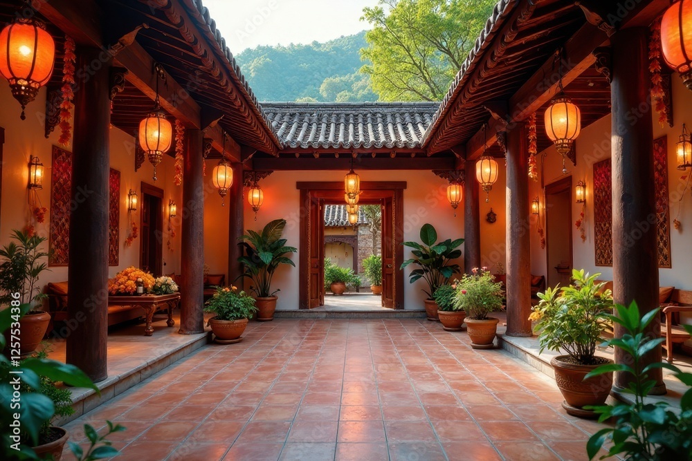 Fototapeta premium Serene Courtyard with Warm Lighting and Lush Greenery, Featuring Traditional Asian Architecture and Decor