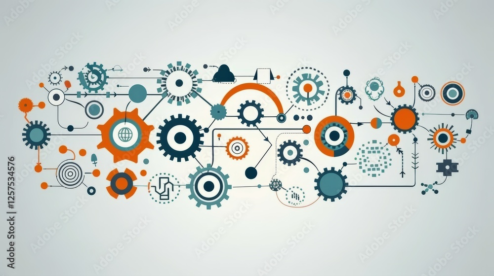 Vector interconnected gears, mechanical components forming complex digital system, representing automation, engineering, machine learning, technology, innovation, industrial processes, workflow. Vector interconnected gears, mechanical components forming complex digital system, representing automation, engineering, machine learning, technology, innovation, industrial processes, workflow.