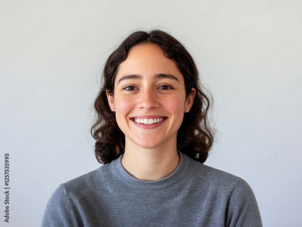 Smiling young woman in grey sweater Smiling young woman in grey sweater
