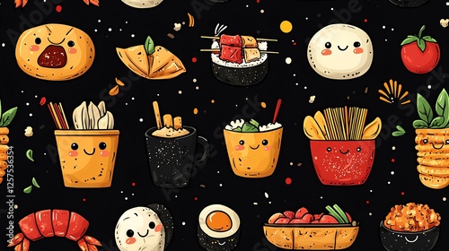 Cute Asian food pattern; sushi, dumplings, noodles; dark background; for food blogs, menus, or packaging