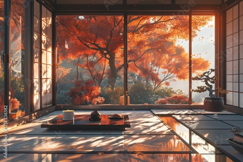 Japanese room with large windows framing vibrant red autumn foliage, traditional tatami flooring, minimalist table, natural light, serene ambiance, inviting setting, cultural tranquility. photo