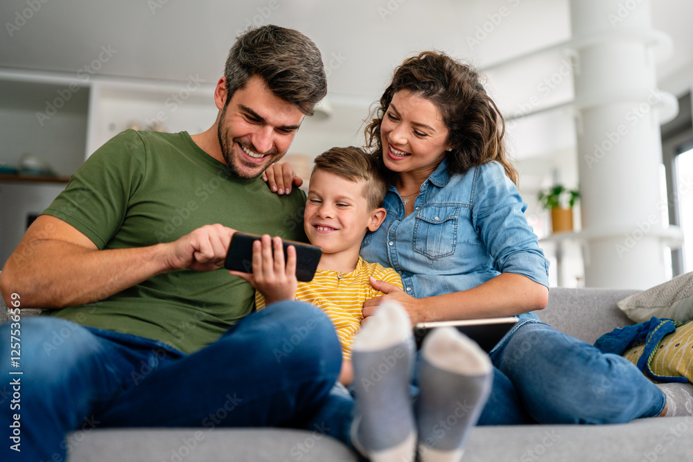 Happy technology addicted family parents and kid use laptop phone digital tablet at home, Happy technology addicted family parents and kid use laptop phone digital tablet at home,