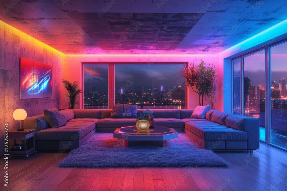 Futuristic living room overlooking cityscape with neon pink and blue lighting reflecting off walls. Large sectional sofa encircles modern coffee table, creating relaxed setting with an edgy. Futuristic living room overlooking cityscape with neon pink and blue lighting reflecting off walls. Large sectional sofa encircles modern coffee table, creating relaxed setting with an edgy.
