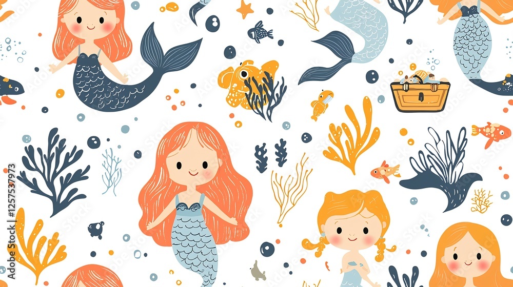 Naklejka premium Cute mermaids swimming in ocean, treasure chest, seaweed; seamless pattern for kids' fabric, wallpaper