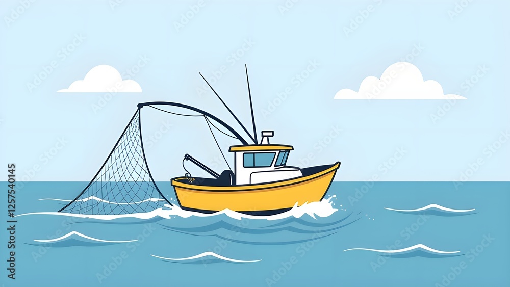 Fototapeta premium Cartoon Fishing Boat Traveling by Waves