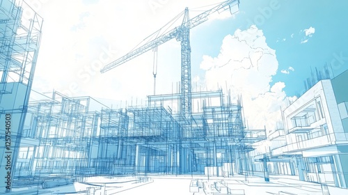 architectural blueprint visualization, construction site sketch, technical drawing style, building framework illustration, tower crane design, structural engineering drawing, blue tinted construction