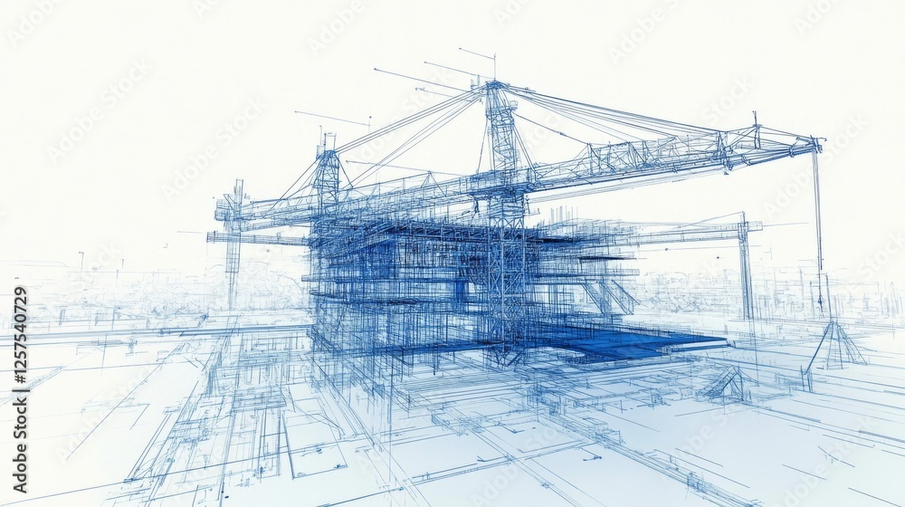 architectural development drawing, construction site blueprint, technical building illustration, engineering sketch style, tower crane detail, structural framework visualization, blue construction architectural development drawing, construction site blueprint, technical building illustration, engineering sketch style, tower crane detail, structural framework visualization, blue construction