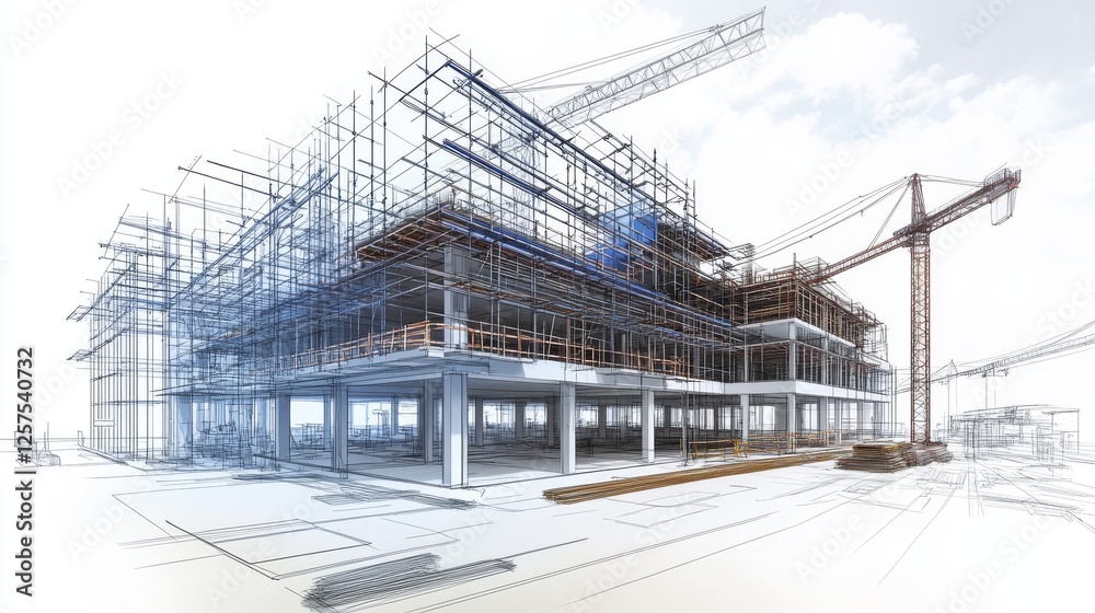 architectural development drawing, construction site blueprint, technical building illustration, engineering sketch style, tower crane detail, structural framework visualization, blue construction architectural development drawing, construction site blueprint, technical building illustration, engineering sketch style, tower crane detail, structural framework visualization, blue construction