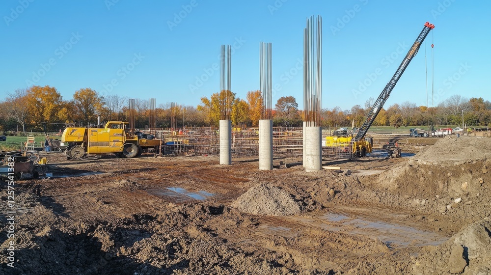 infrastructure construction photography, concrete pillar installation, industrial development site, yellow construction equipment, structural column formation, building site progress, exposed steel infrastructure construction photography, concrete pillar installation, industrial development site, yellow construction equipment, structural column formation, building site progress, exposed steel