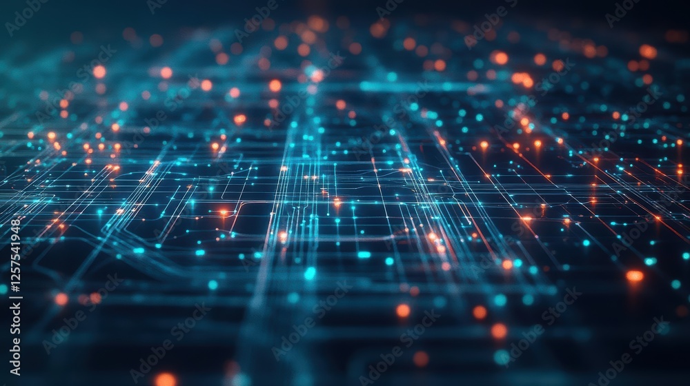 Circuit board with glowing lights and electronic components in a dark background Circuit board with glowing lights and electronic components in a dark background