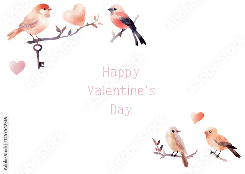 Watercolor Painting of Two Lovebirds Sharing an Affectionate Moment Amidst Floating Hearts