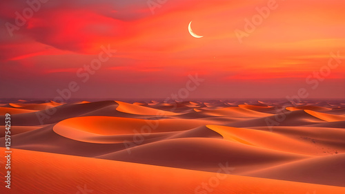 Crescent Moon over Desert Dunes:  A sliver of crescent moon hangs in the fiery red sky above a breathtaking panorama of sand dunes, casting a mystical glow over the vast desert landscape.
