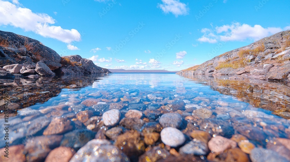 Calm lake reflecting sky, rocks, autumn landscape, travel photography Calm lake reflecting sky, rocks, autumn landscape, travel photography