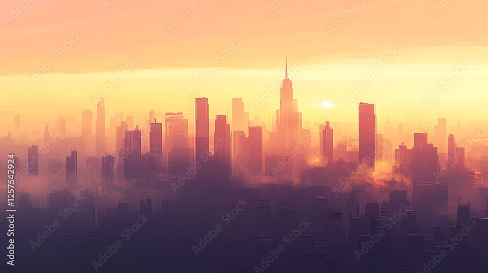 Fototapeta premium urban morning silhouette, panoramic skyline composition, golden dawn cityscape, architectural profile illustration, minimalist city outlines, warm atmospheric design, skyscraper horizon art, peaceful
