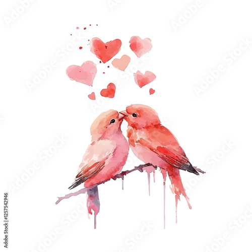 Watercolor Painting of Two Lovebirds Sharing an Affectionate Moment Amidst Floating Hearts