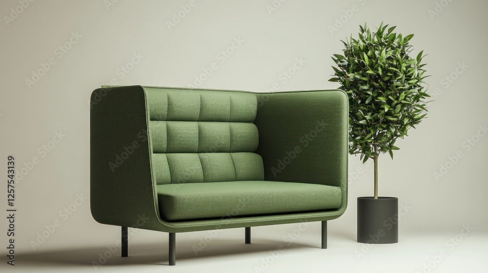 Fototapeta premium Green sofa in minimalist room, plant beside, interior design
