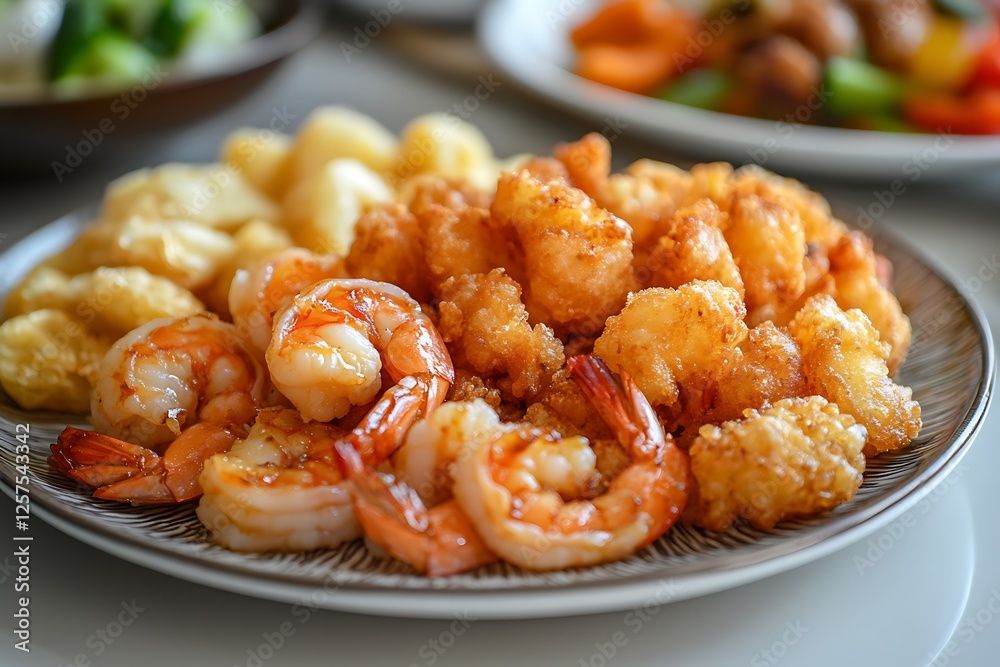 Close-up of assorted tempura, including shrimp and vegetables, freshly fried and arranged on a ceramic plate, placed on a cozy kitchen table with space left for advertising text Close-up of assorted tempura, including shrimp and vegetables, freshly fried and arranged on a ceramic plate, placed on a cozy kitchen table with space left for advertising text