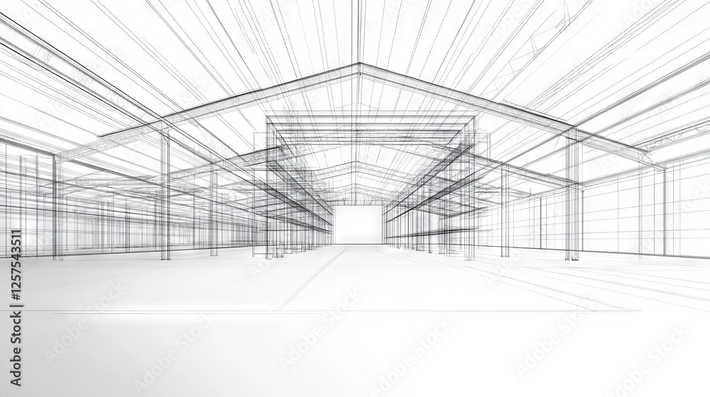 warehouse architectural drawing, industrial space blueprint, structural framework sketch, linear building design, technical interior visualization, detailed roof structure, perspective line drawing, warehouse architectural drawing, industrial space blueprint, structural framework sketch, linear building design, technical interior visualization, detailed roof structure, perspective line drawing,